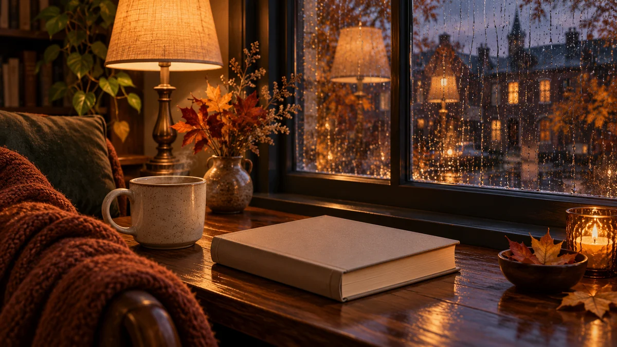 Ein schlicht Buch neben einem regennassen Fenster und einer leuchtenden Tischlampe
