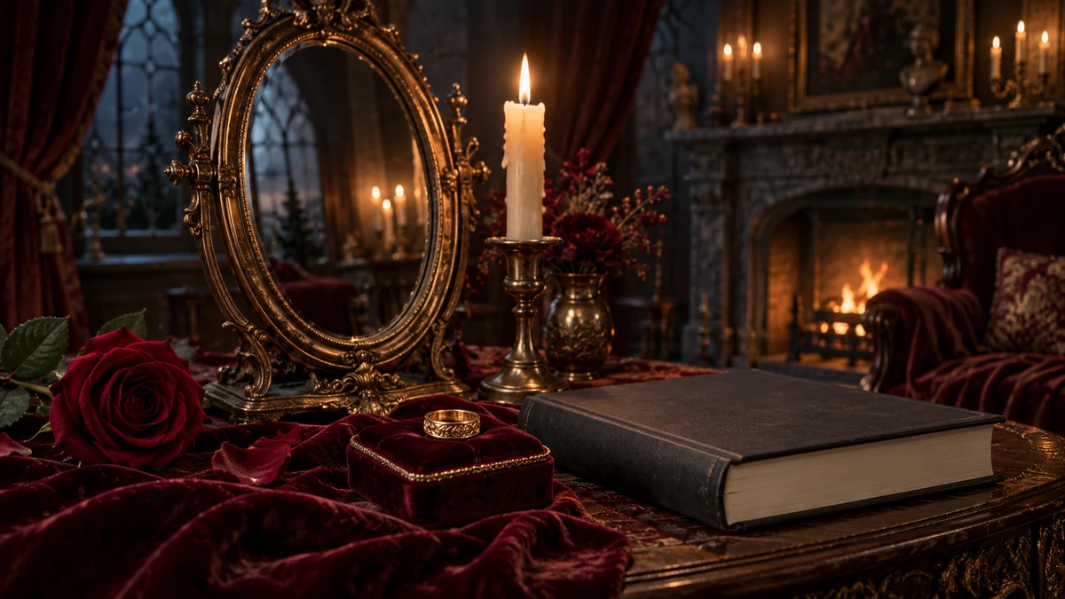 An antique mirror, candles and a plain book in a dim Gothic room