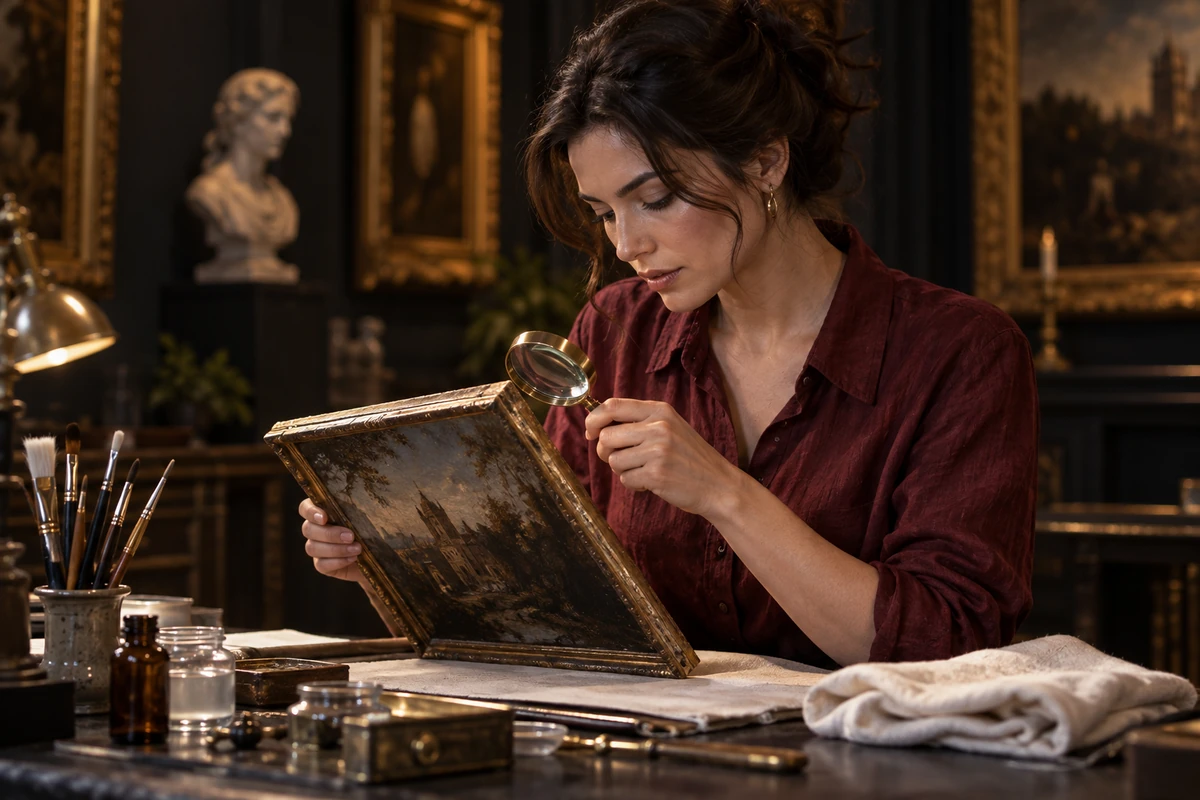An art restorer in a burgundy blouse examines an antique painting with a magnifying glass.