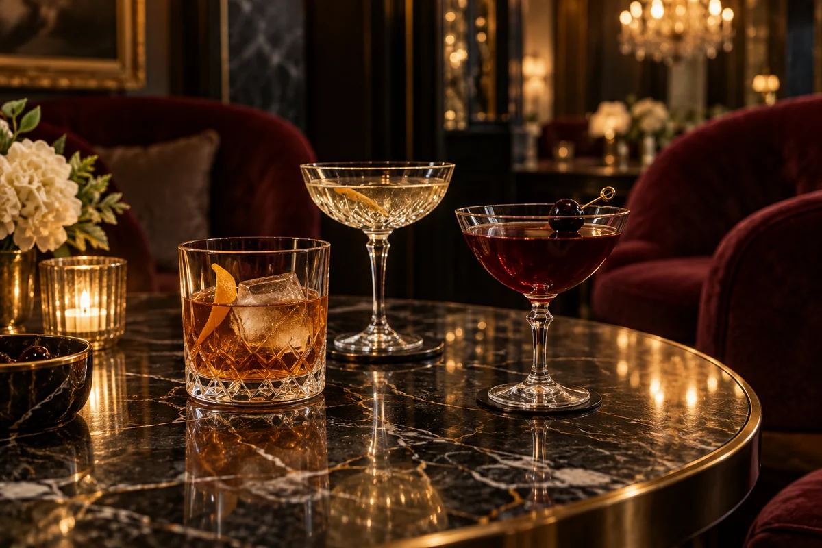 Three glasses on a marble table at an evening reception.