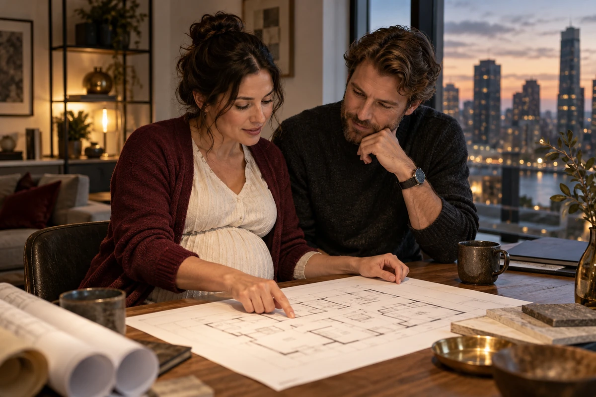 Pregnant woman and partner discussing a floor plan at a table.