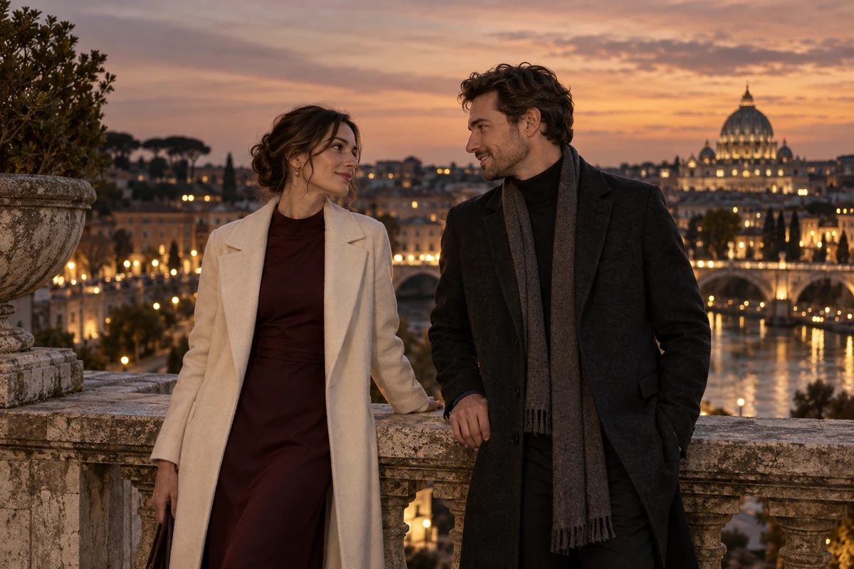Two adults in coats standing together on a stone terrace.