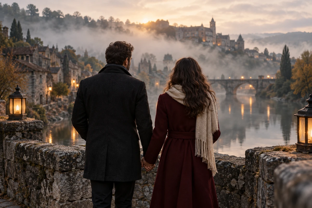 Couple holding hands on a stone bridge in the mist.