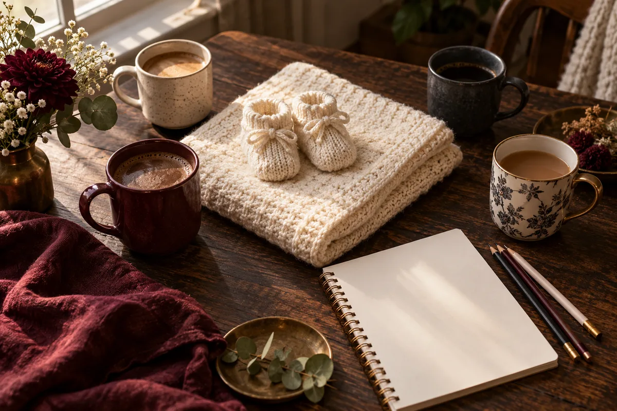 Four mugs beside a baby blanket, knitted booties, and a notebook.