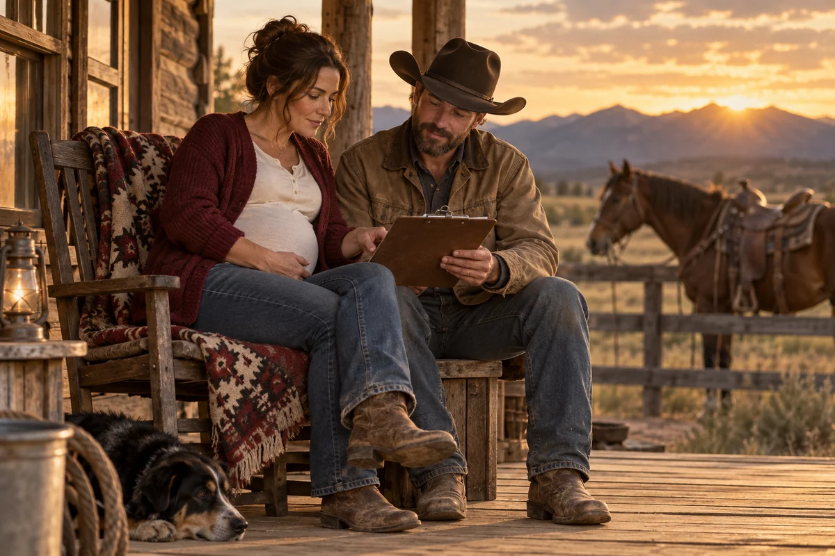 Pregnant woman and cowboy reviewing a clipboard on a ranch porch.