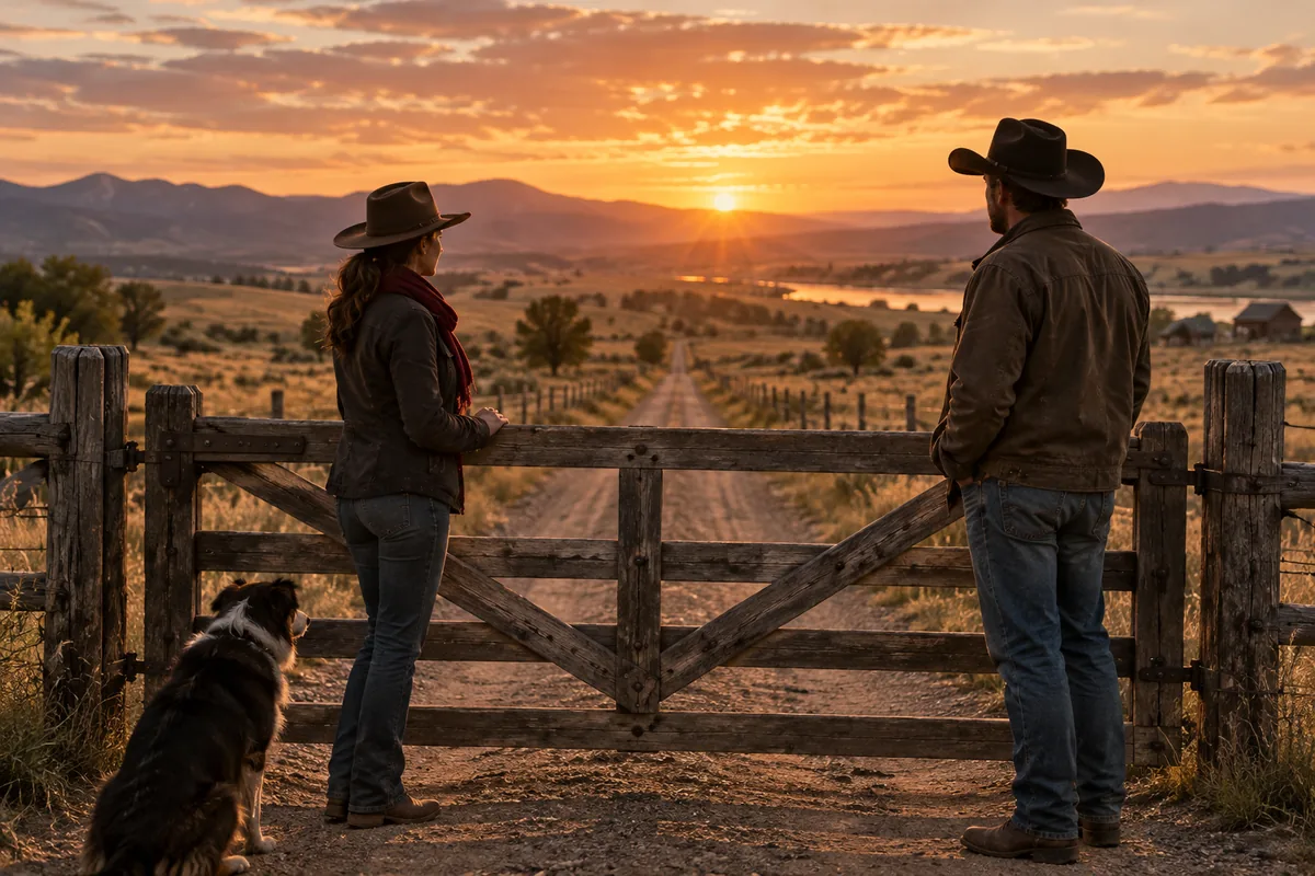 Two adults beside a ranch gate overlooking a dusty lane.