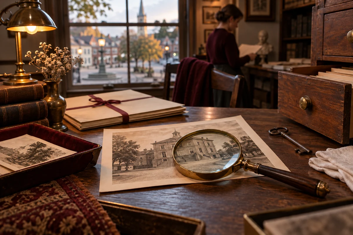Magnifying glass, old key, and archive folders in a museum.
