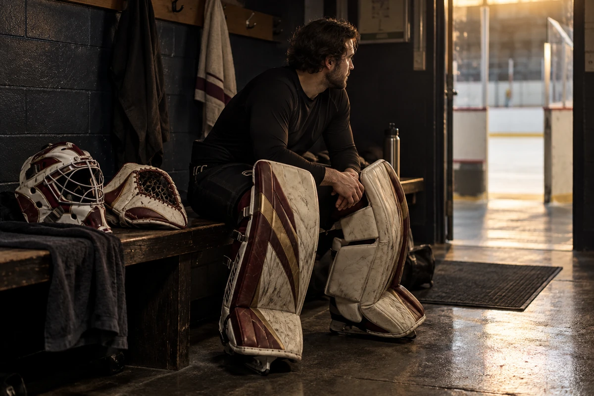 Goalie seated beside his mask and pads in a preparation room.