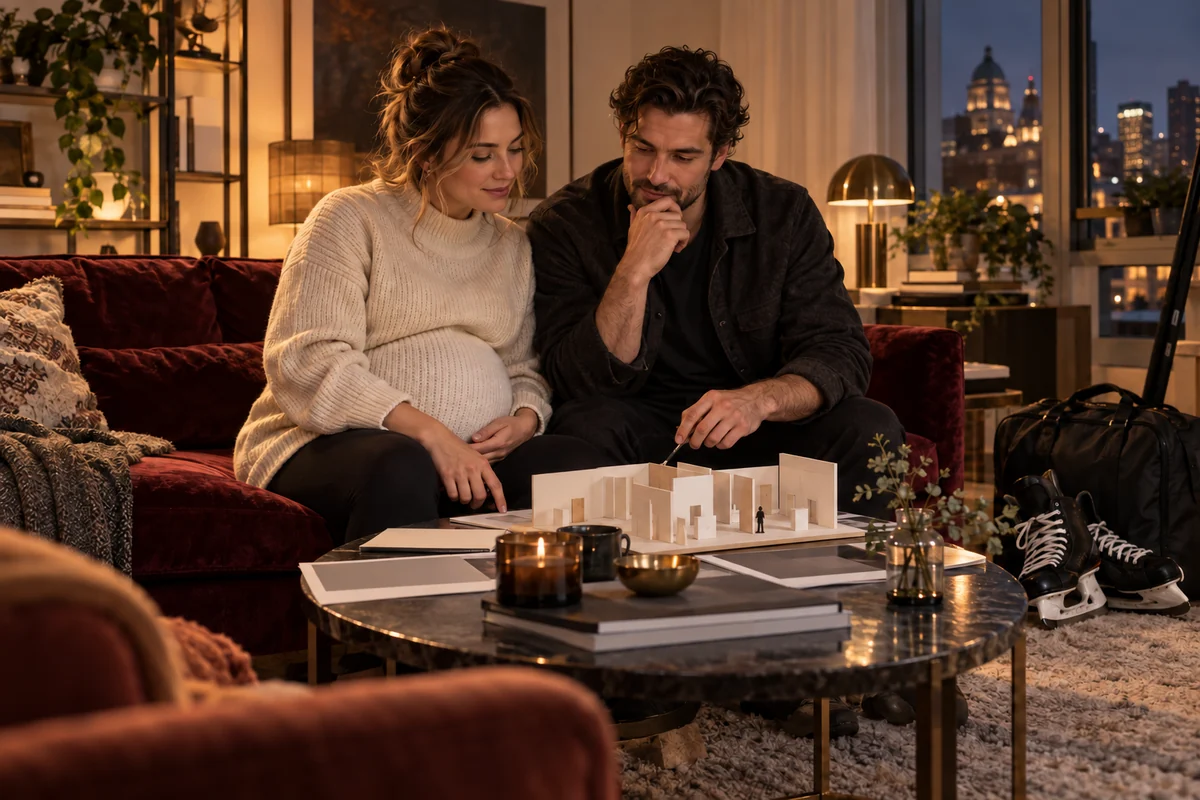 Pregnant woman and partner seated near ice skates and an exhibition model.
