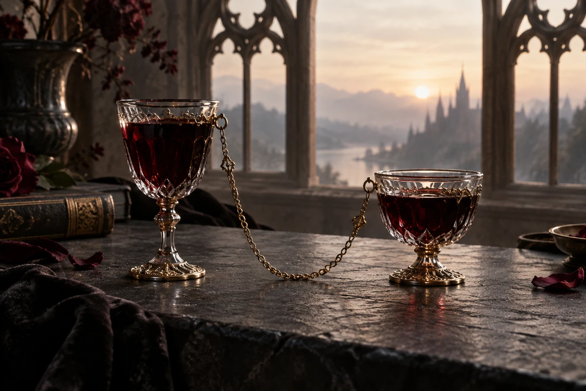 Two crystal vessels with burgundy liquid linked by a gold chain.