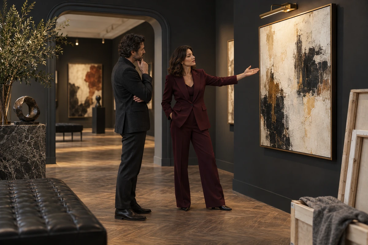Woman in a burgundy suit directing artwork placement in a gallery.