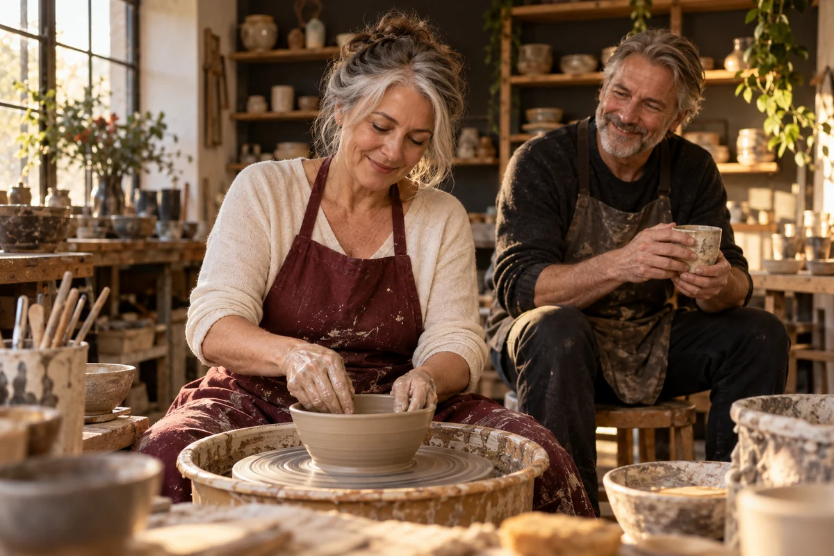 Mature woman shaping a clay bowl while a partner sits nearby.