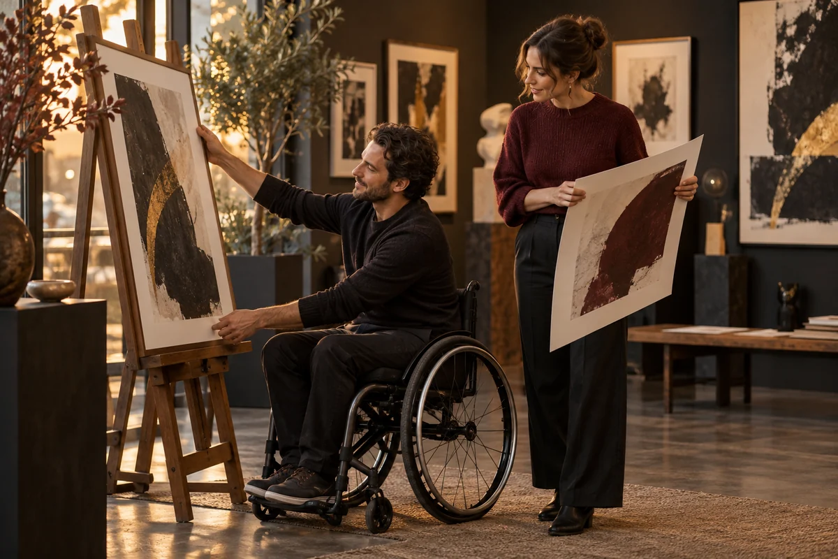 A man in a manual wheelchair arranges an abstract print on a gallery easel while a woman holds another print beside him.