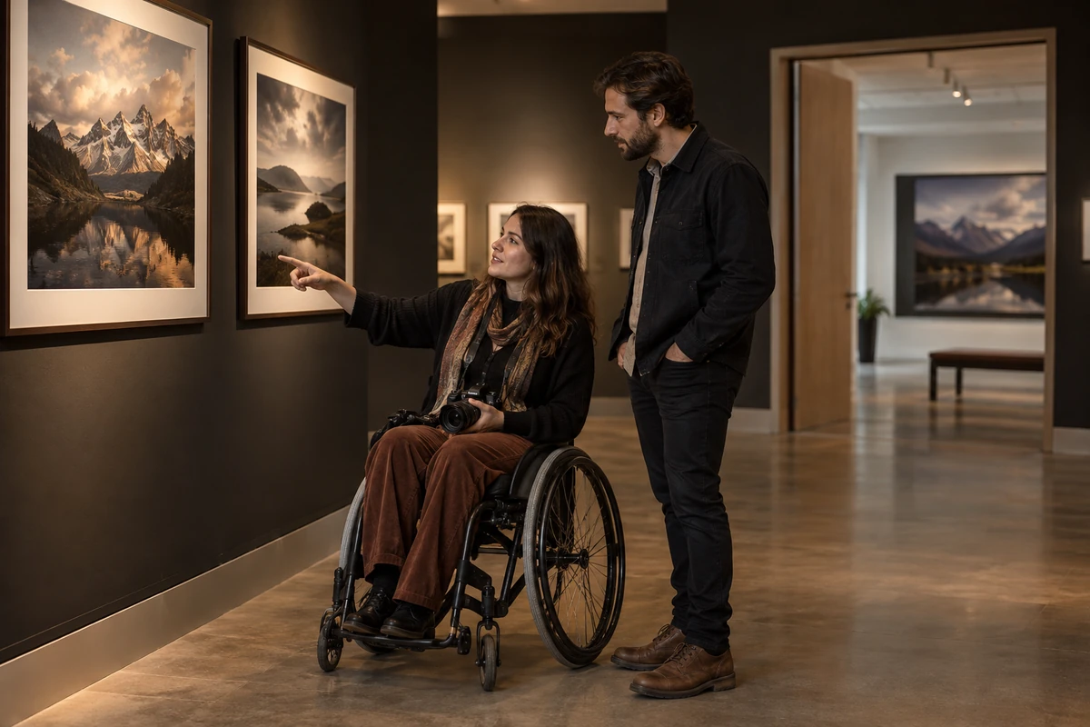 A woman using a wheelchair and a man review framed photographs in an accessible gallery.