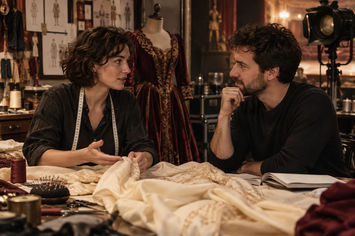Two adults talk beside a burgundy costume and cream fabric in a theatre workshop.