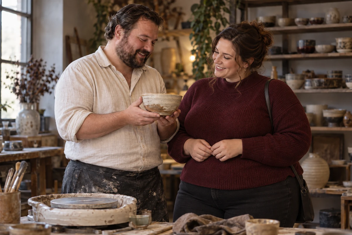 A plus-size woman and a man smile beside a pottery wheel in a ceramics studio.