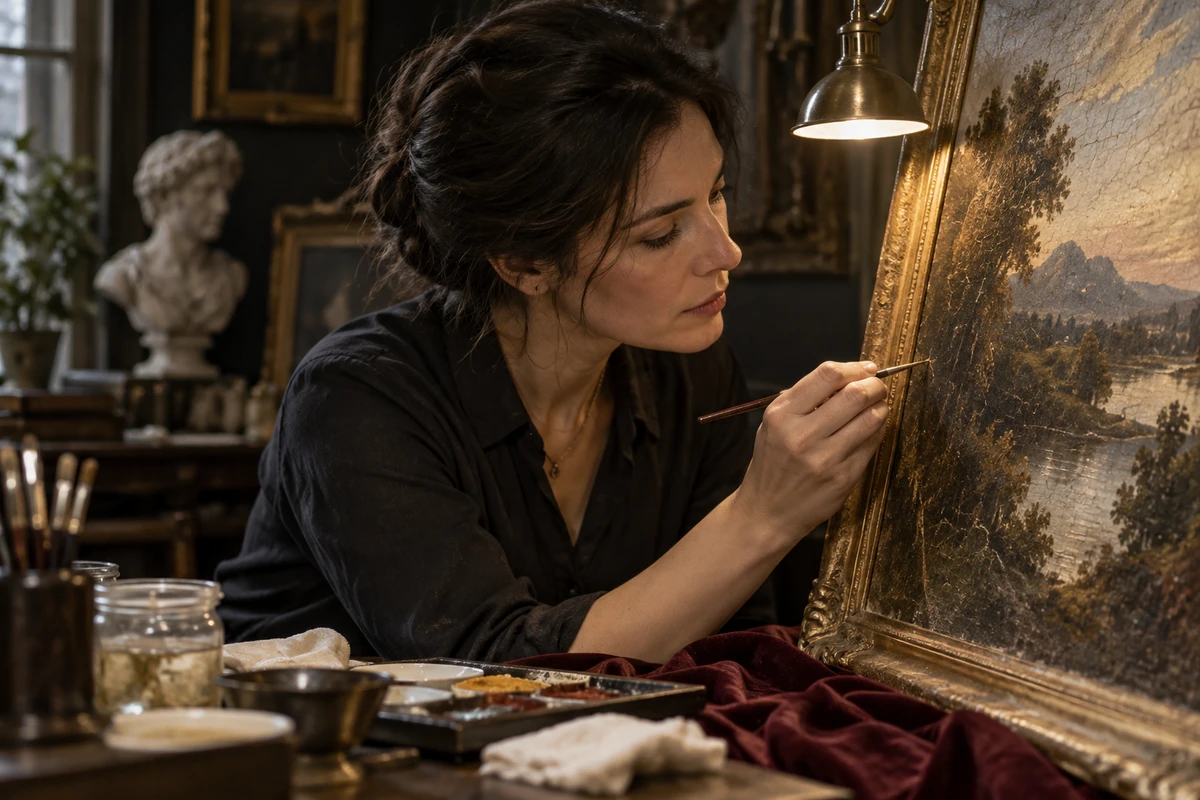 Uma mulher examina uma pintura envelhecida em um ateliê pouco iluminado.