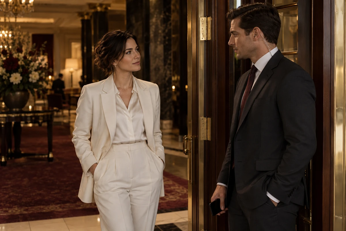 A woman and a suited man speak near a hotel doorway.