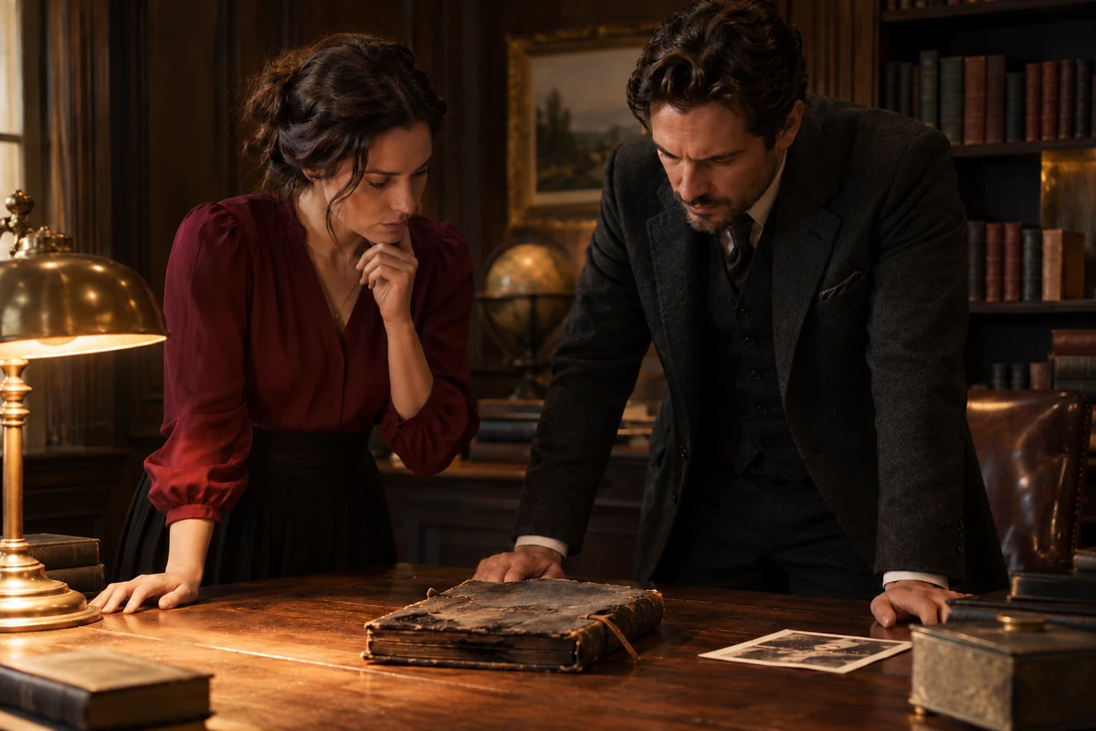 A woman and a man examine a scorched book on a wooden desk.