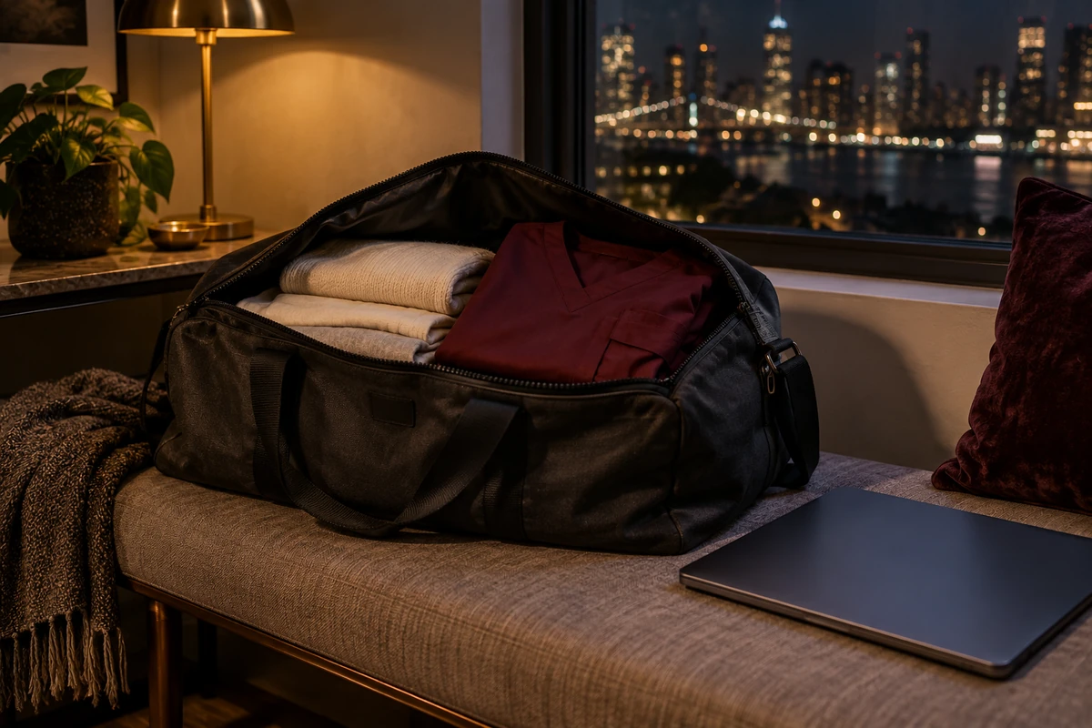 An open travel bag holds folded cream and burgundy clothes beside a closed laptop.
