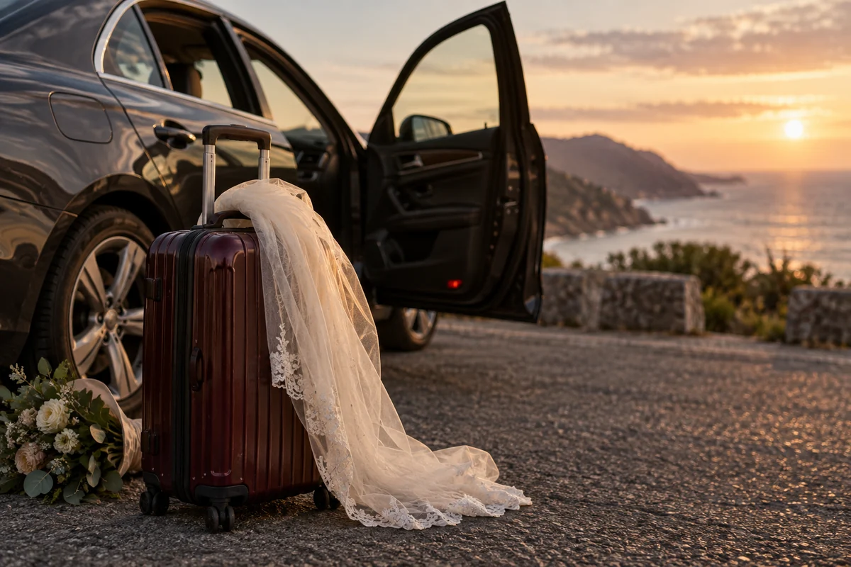 An ivory wedding veil drapes over a burgundy suitcase beside an open car door on the coast.