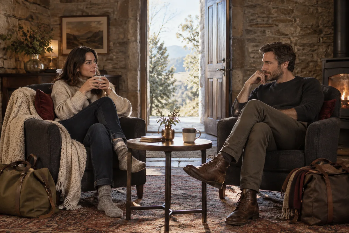 Two adults sit separately in a stone lodge with an open doorway behind them.