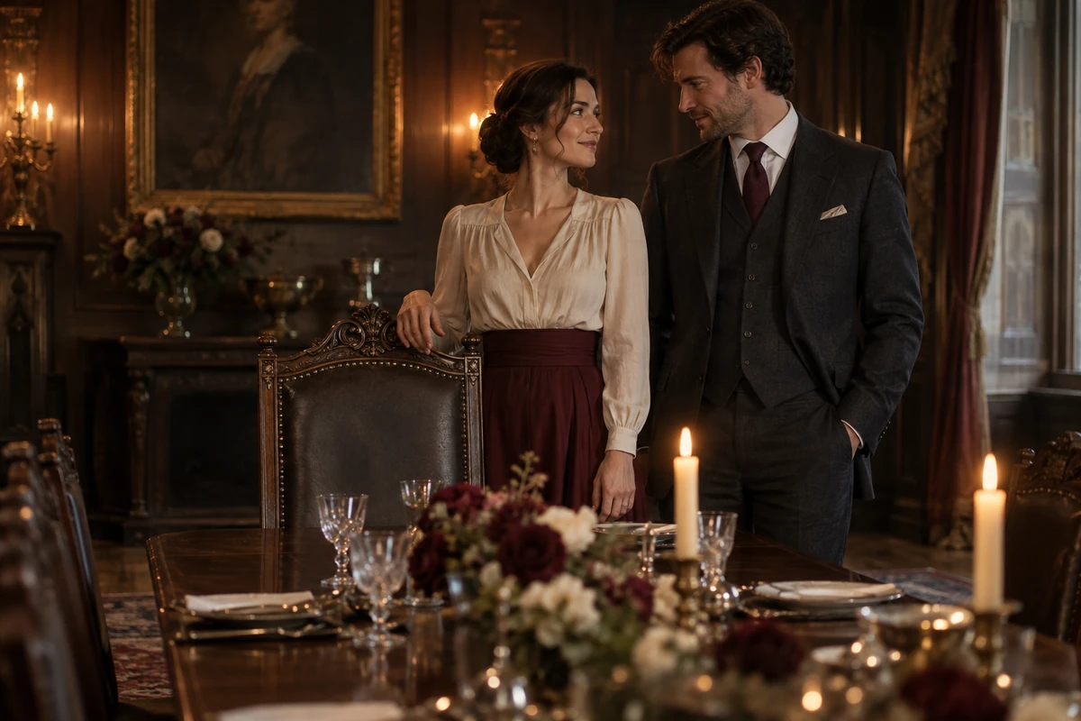 Two adults stand beside a grand dining chair in a dark family house.
