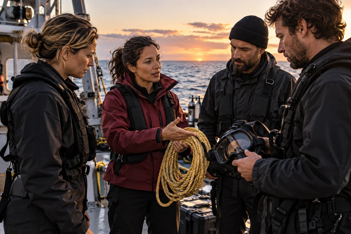 Eine Frau und drei Rettungskräfte stehen bei Tauchausrüstung auf einem Boot in der Abenddämmerung.