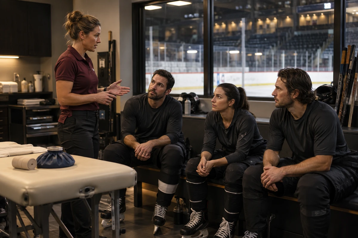 A trainer speaks with three athletes beside an examination table near an ice rink.