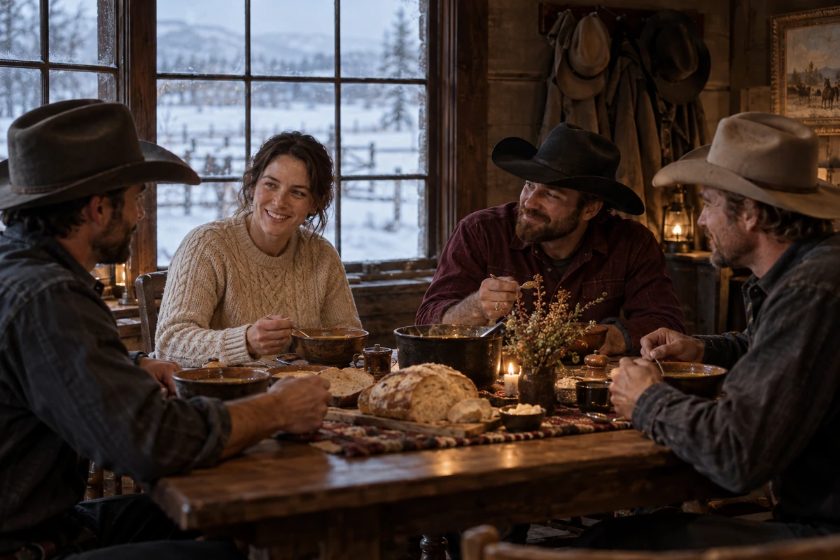 A woman and three men share a meal in a ranch dining room overlooking a winter pasture.