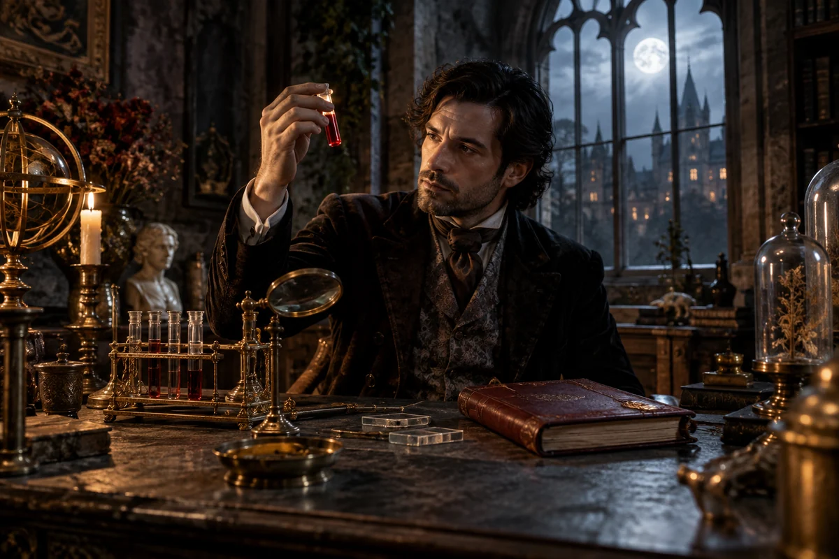 A man examines a crimson vial beside a burgundy book in a laboratory overlooking a moonlit castle.