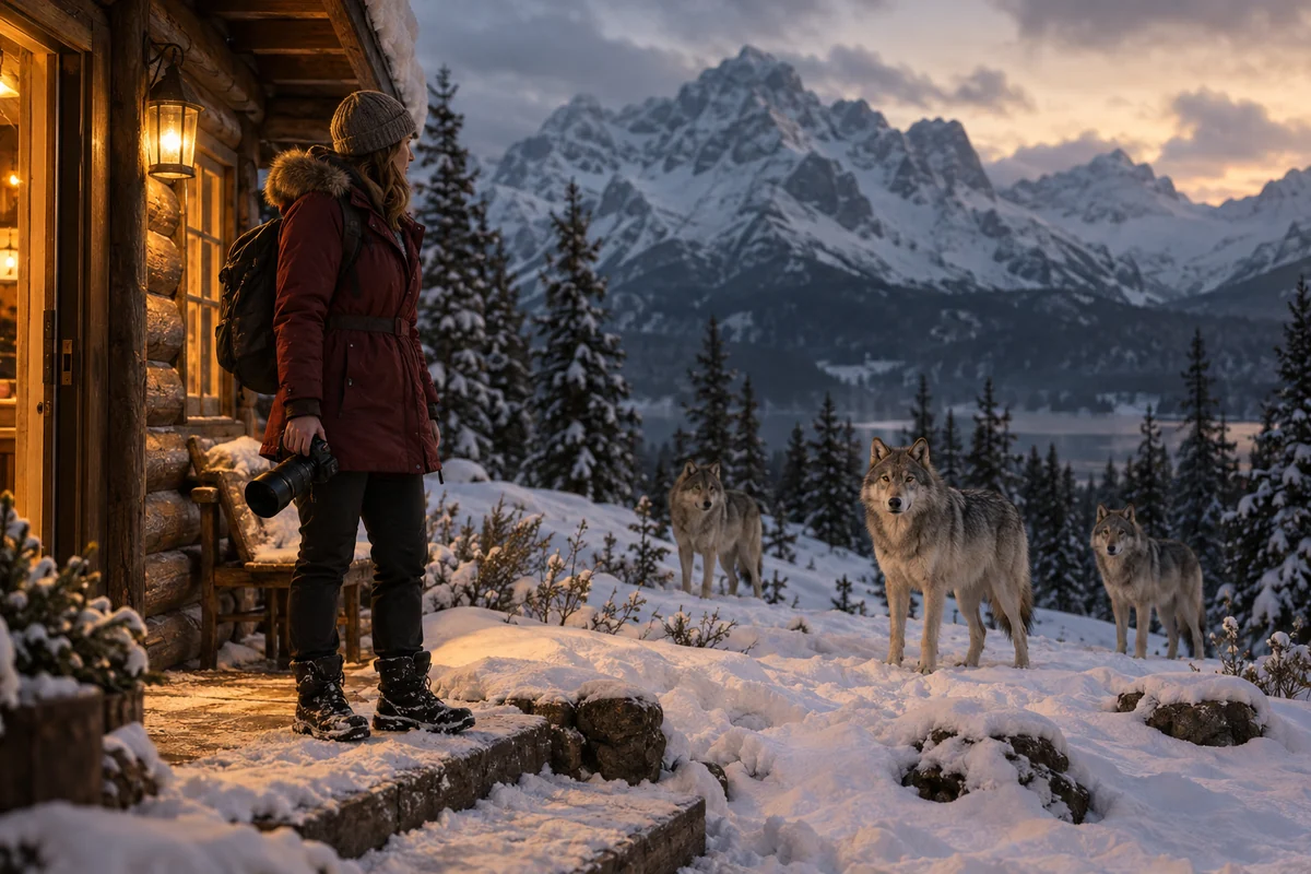 A woman with a camera stands by a cabin as three wolves wait among snowy pines.