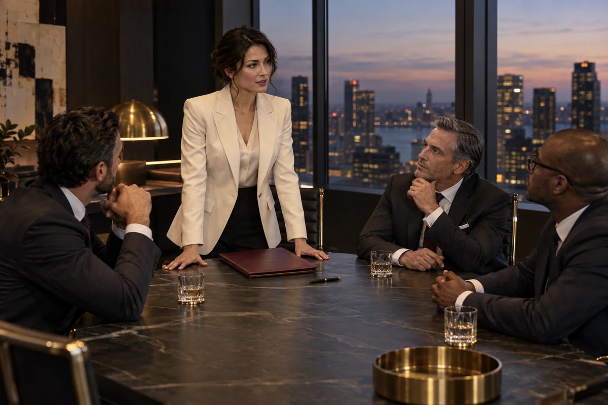 A woman and three executives meet around a dark conference table above a city at dusk.