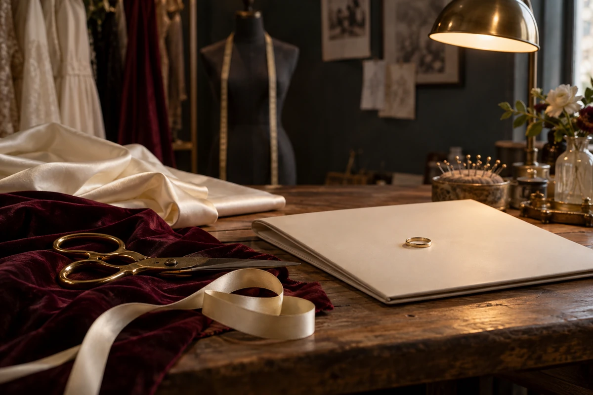 Sewing tools and folded silk lie beside a plain folder with a wedding ring resting on it in a dressmaker's workshop.