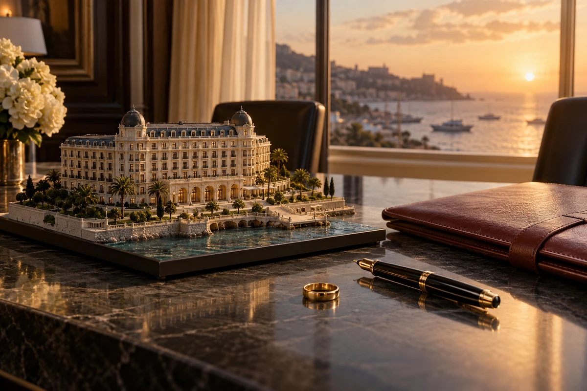 Uma maquete de hotel, uma aliança dourada e uma pasta bordô ficam sobre uma mesa de reuniões com vista para um porto.