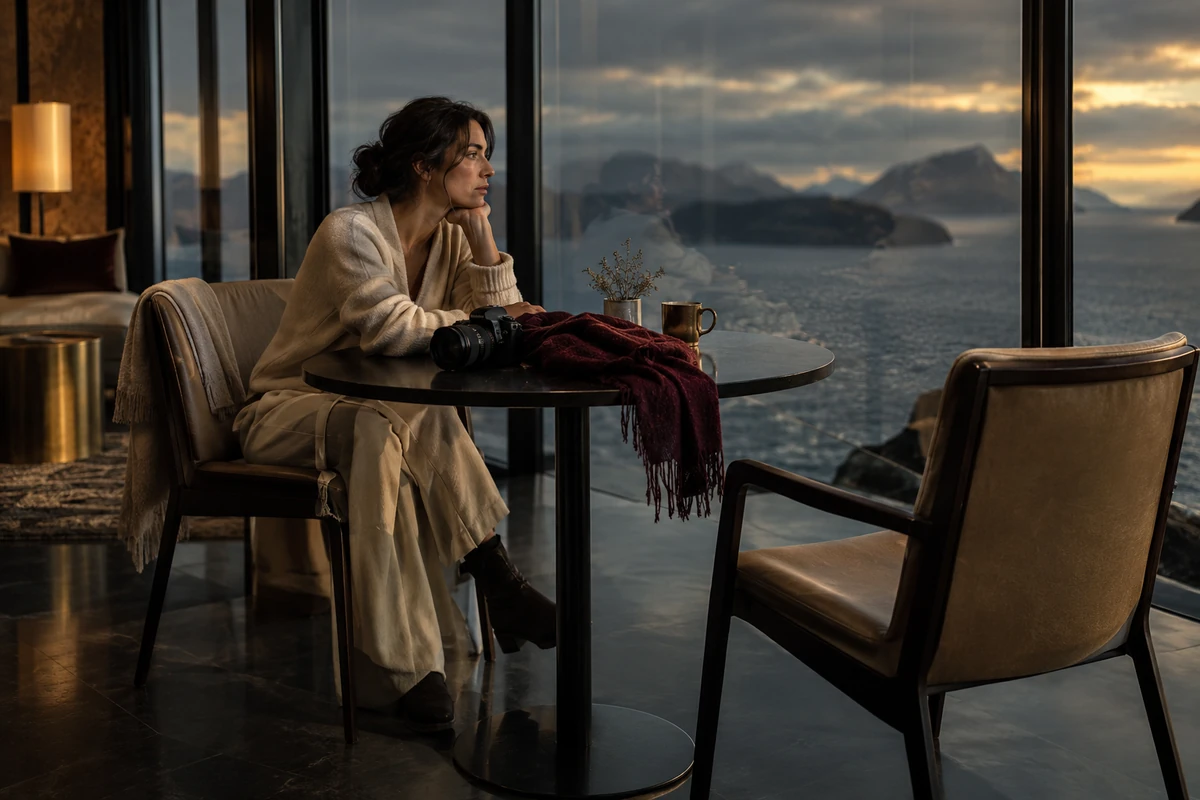 Uma mulher está sentada ao lado de uma câmera em um cômodo com paredes de vidro e vista para o mar.
