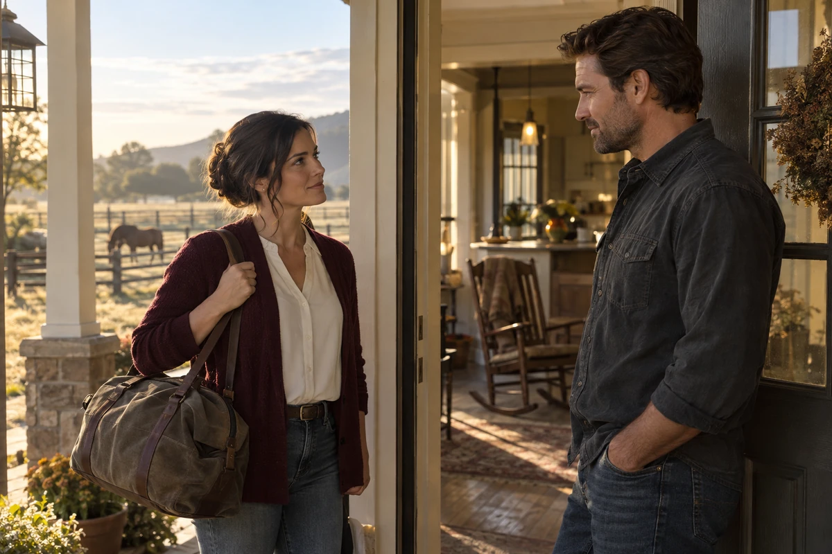 A woman carrying an overnight bag speaks with a man in a ranch house doorway.
