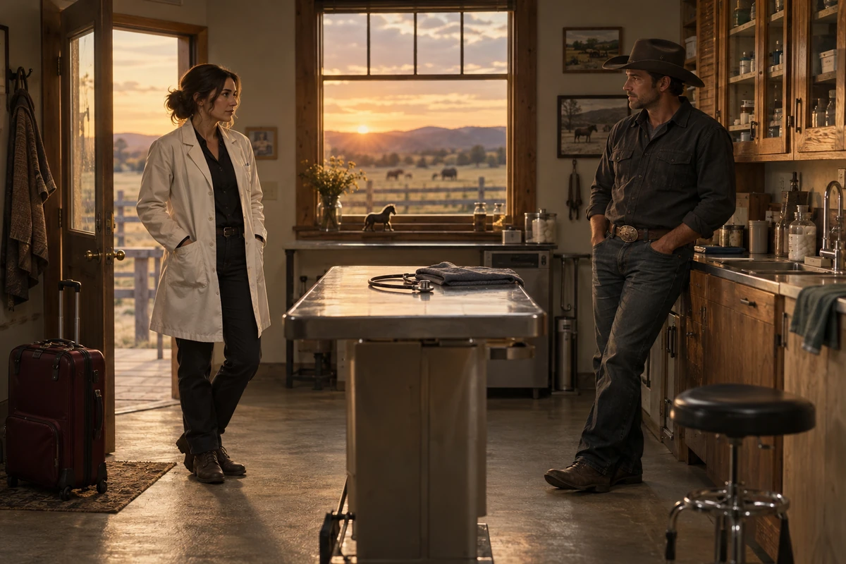 A veterinarian and a rancher face each other in an old clinic, with a suitcase near the door.