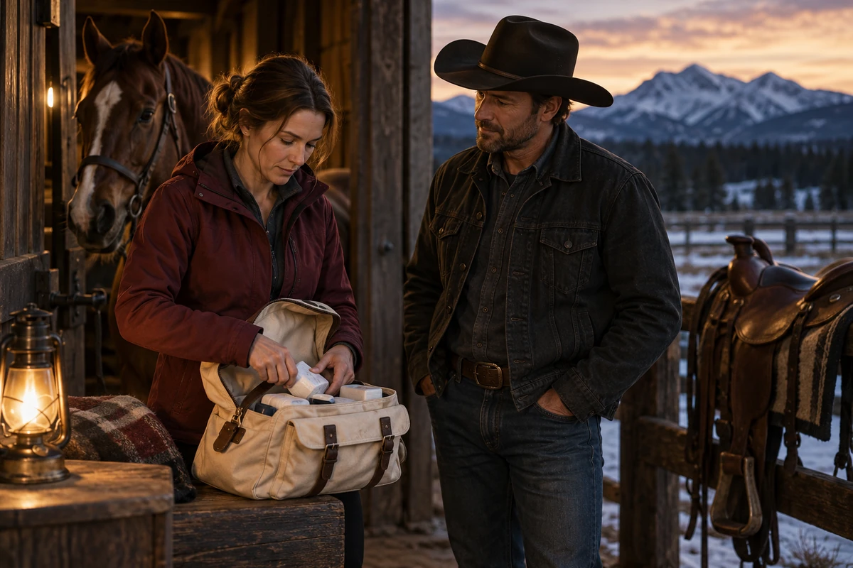 A woman opens a first-aid bag beside a cowboy at a stable with snowy mountains beyond.