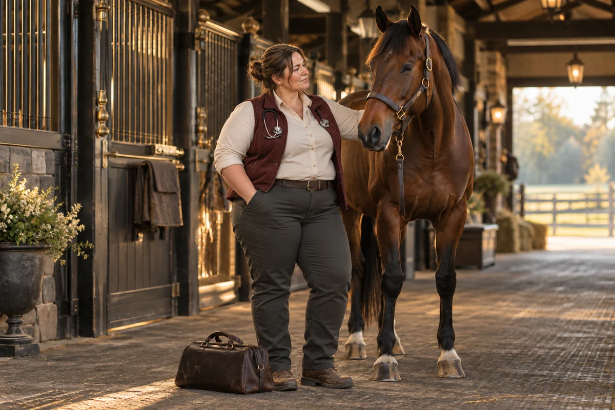A plus-size veterinarian gently rests her hand on a horse's neck in a ranch stable.
