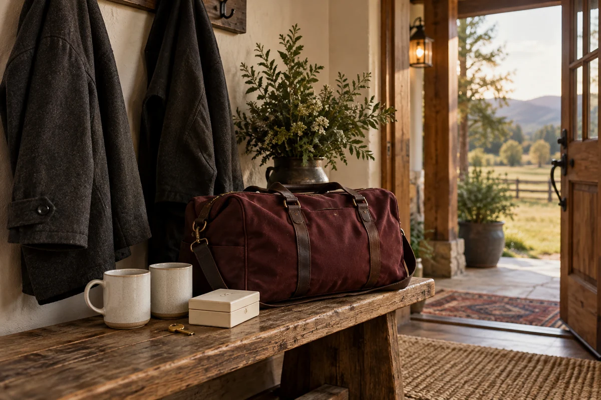 Un sac de voyage bordeaux, deux tasses et une clé en laiton reposent sur un banc dans l'entrée d'un ranch.