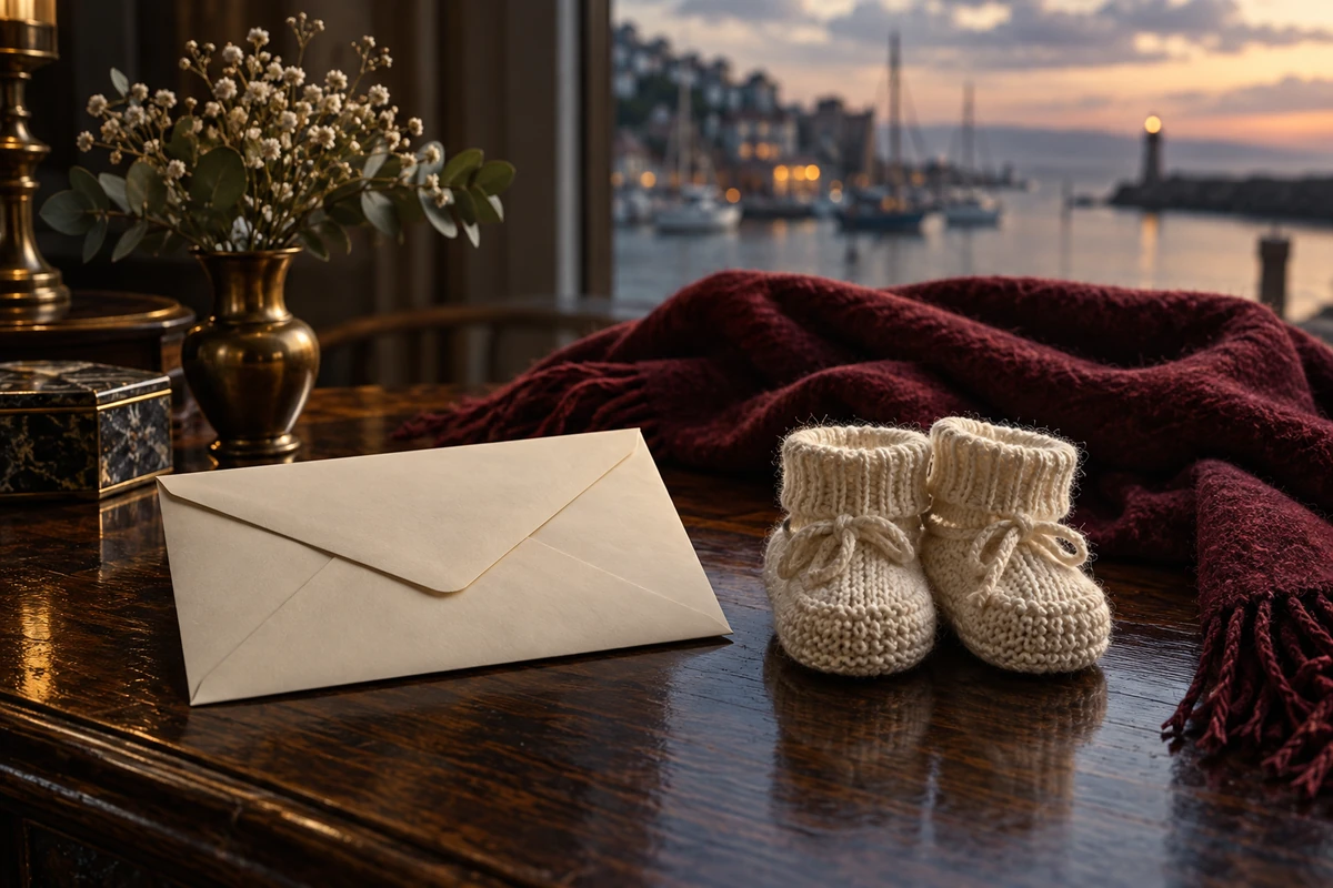 Sealed envelope and knitted baby booties on a dark wooden table.