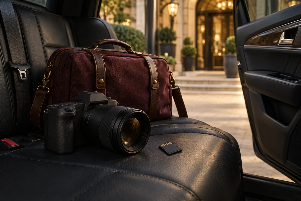 Kamera, Speicherkarte und Reisetasche auf einem schwarzen Lederautositz.