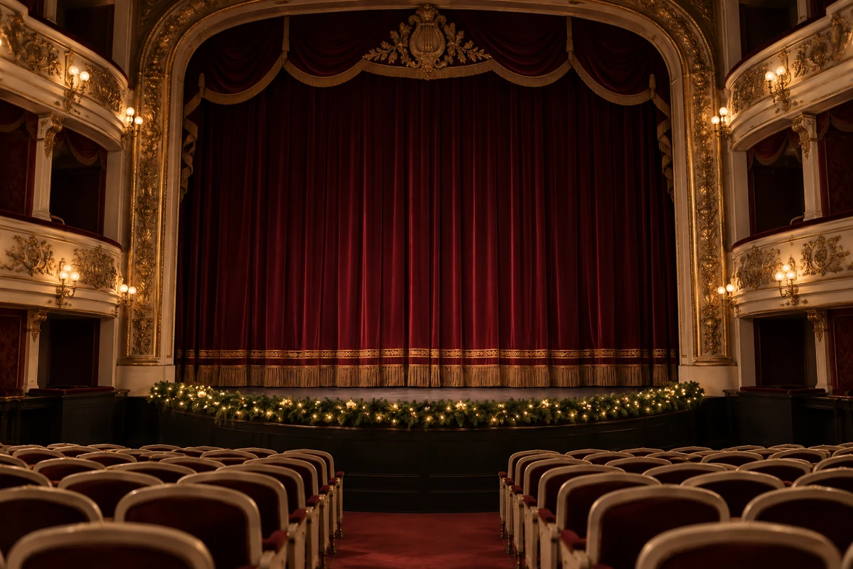 Leeres Theater mit burgunderroten Vorhängen und beleuchteter Tannengirlande.
