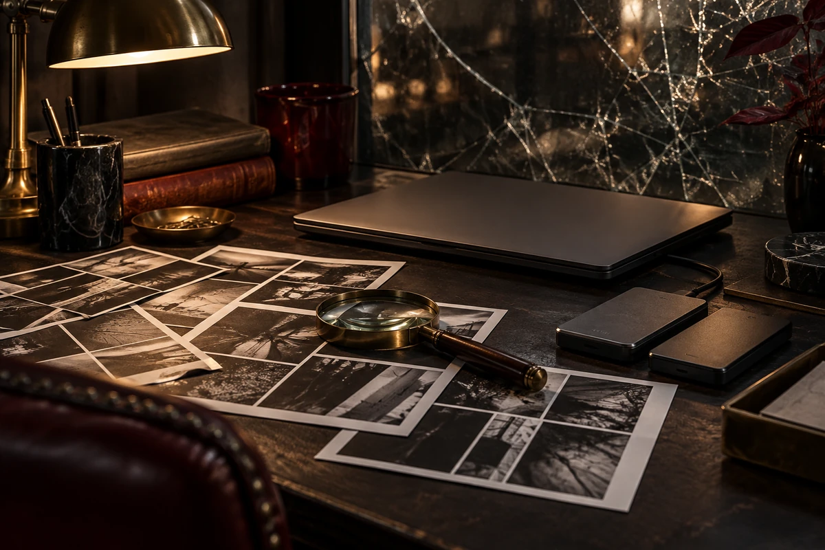 Discos externos, lupa e folhas de contatos fotográficos ao lado de um laptop fechado.