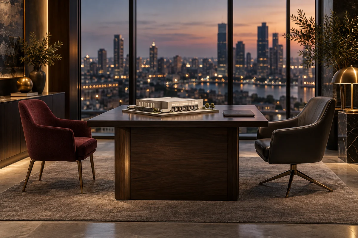 Two chairs face each other across a desk with a warehouse model.