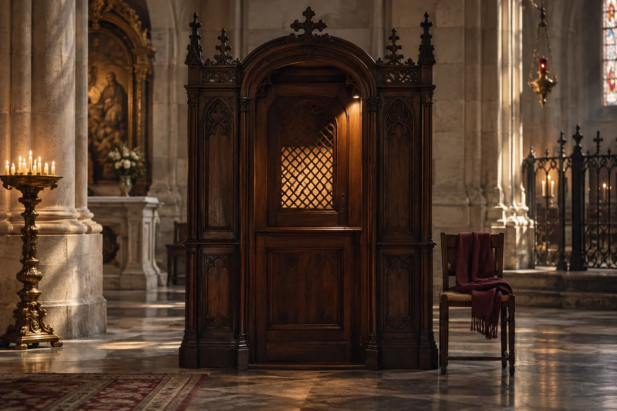Wooden confessional beside a chair draped with a burgundy scarf.