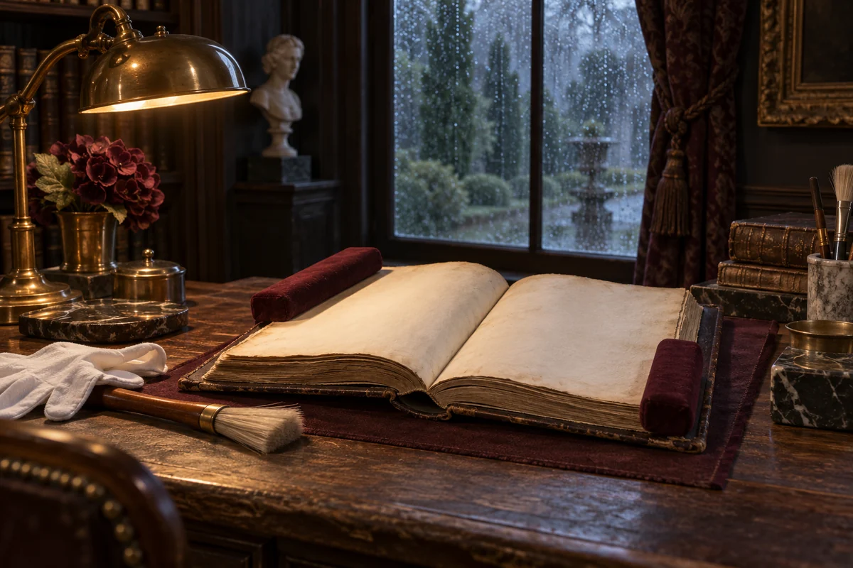 Worn manuscript, conservation brush and cotton gloves beside a rainy window.