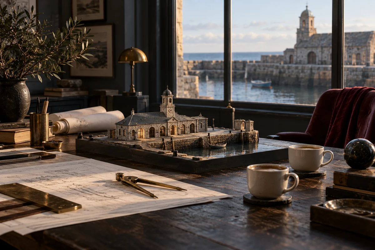 Harbor building model, brass drafting compass and two coffee cups on a table.