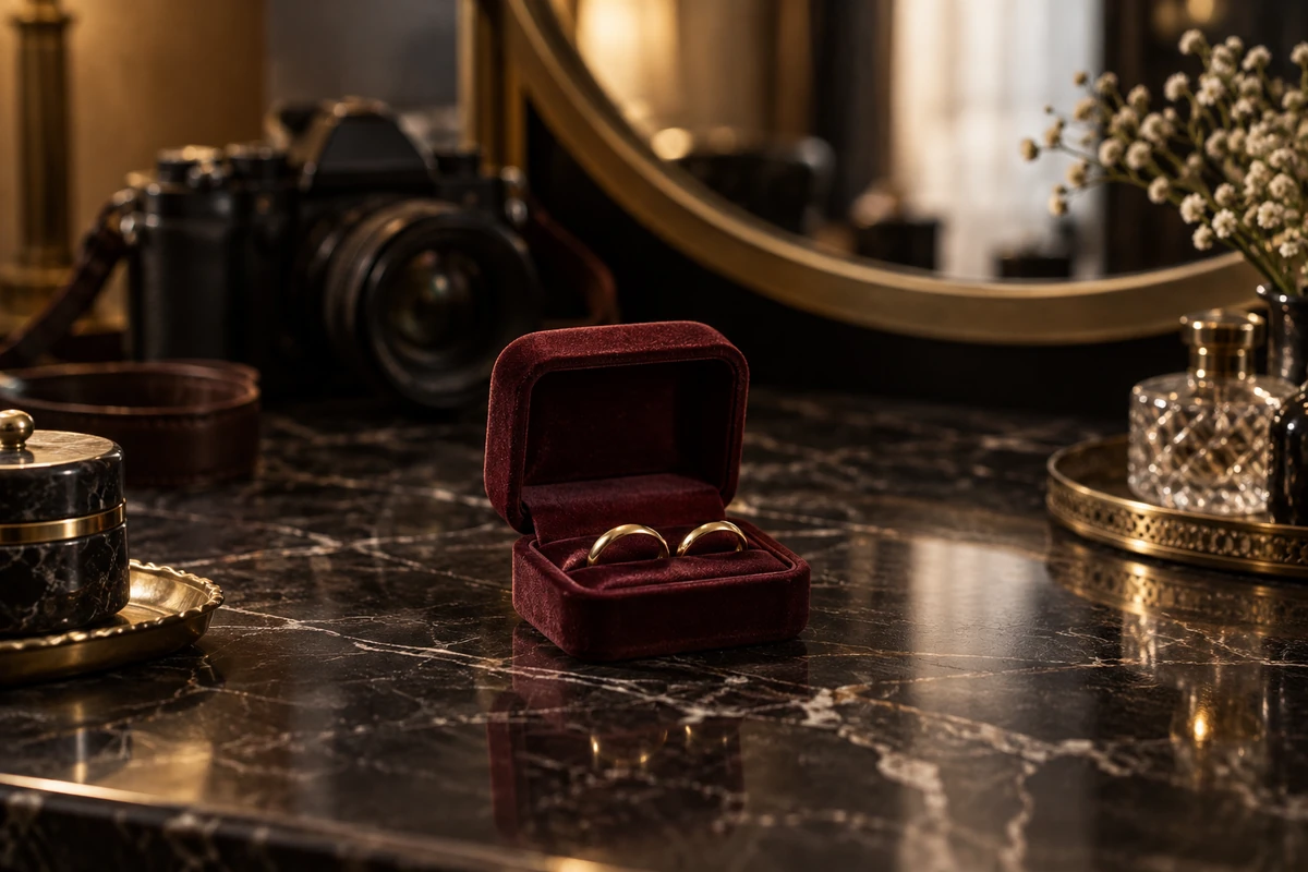 Two plain gold wedding bands in a burgundy box beside a mirror.